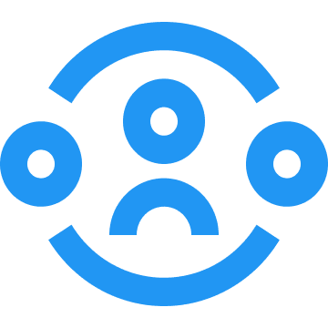 ri_user-community-line Blue icon depicting a central sad face with two smaller circles connected on either side, all enclosed in a partial circular outline.